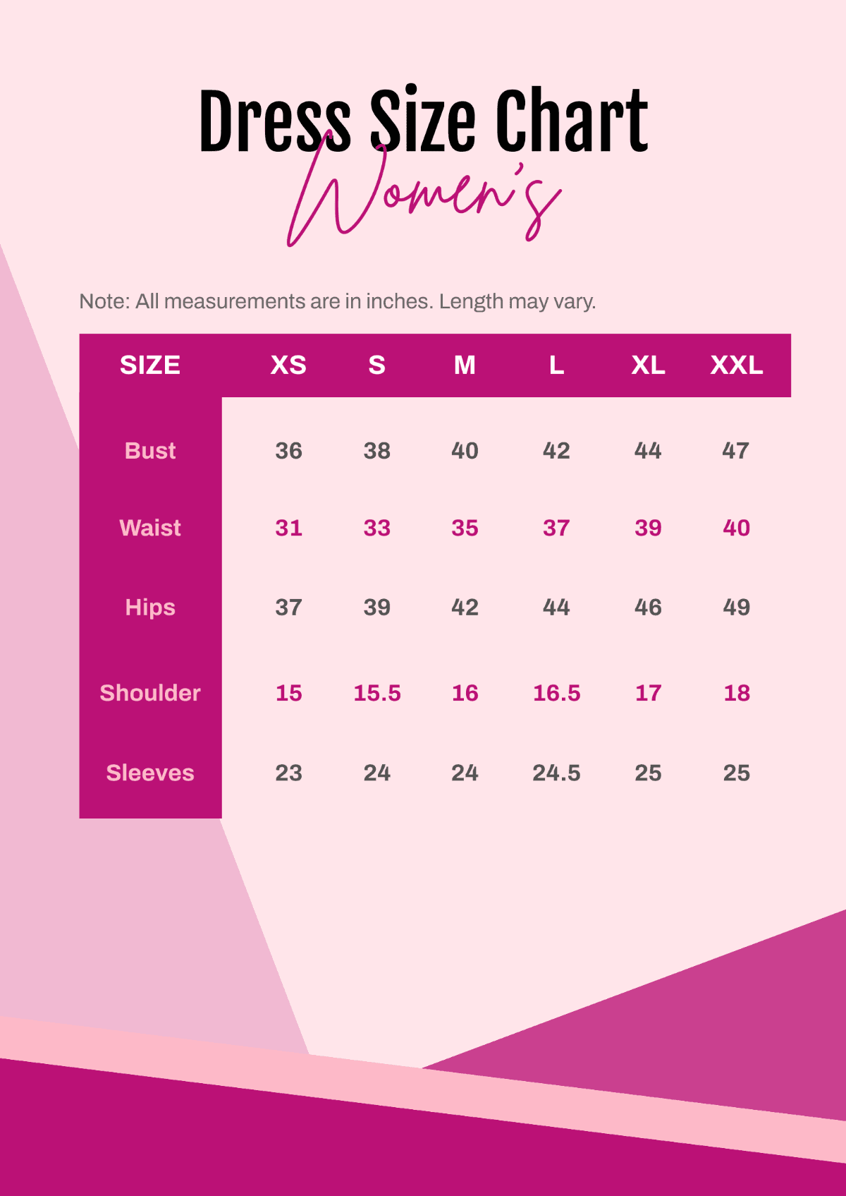 Size chart — measurements in inches